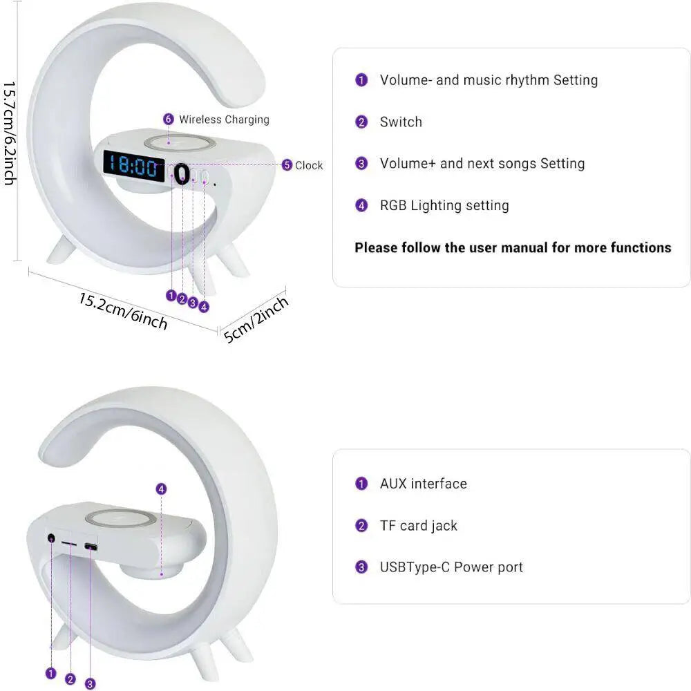 GlowNest™ Smart RGB Lamp – Wireless Charger, Bluetooth Speaker & Alarm Clock